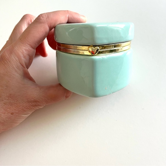 Blue Green Mint Green Ceramic Heart Shaped Box with Gold Trim - Picture 2 of 9